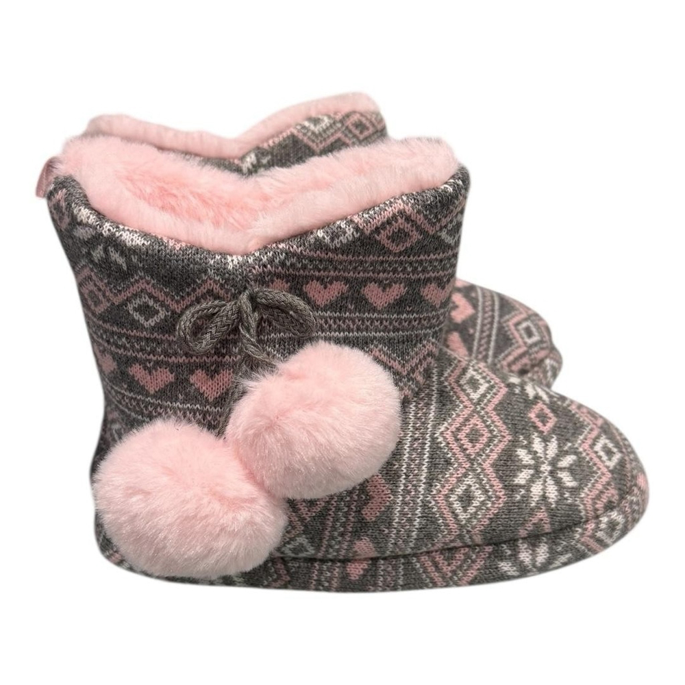 Joe Fresh Slipper Booties Girls Size 11.5 Pink Fair Isle Pom Pom Cozy Winter